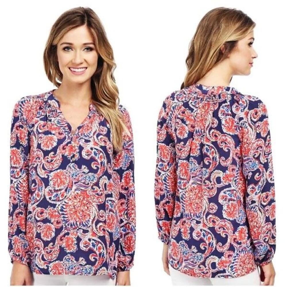 Lilly Pulitzer Elsa Silk Blouse Top For the Halibut Paisley Navy Red Size XS‎